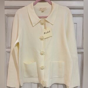 NWT SZ L Marled Cream Flower-Button Knit Cardigan Sweater